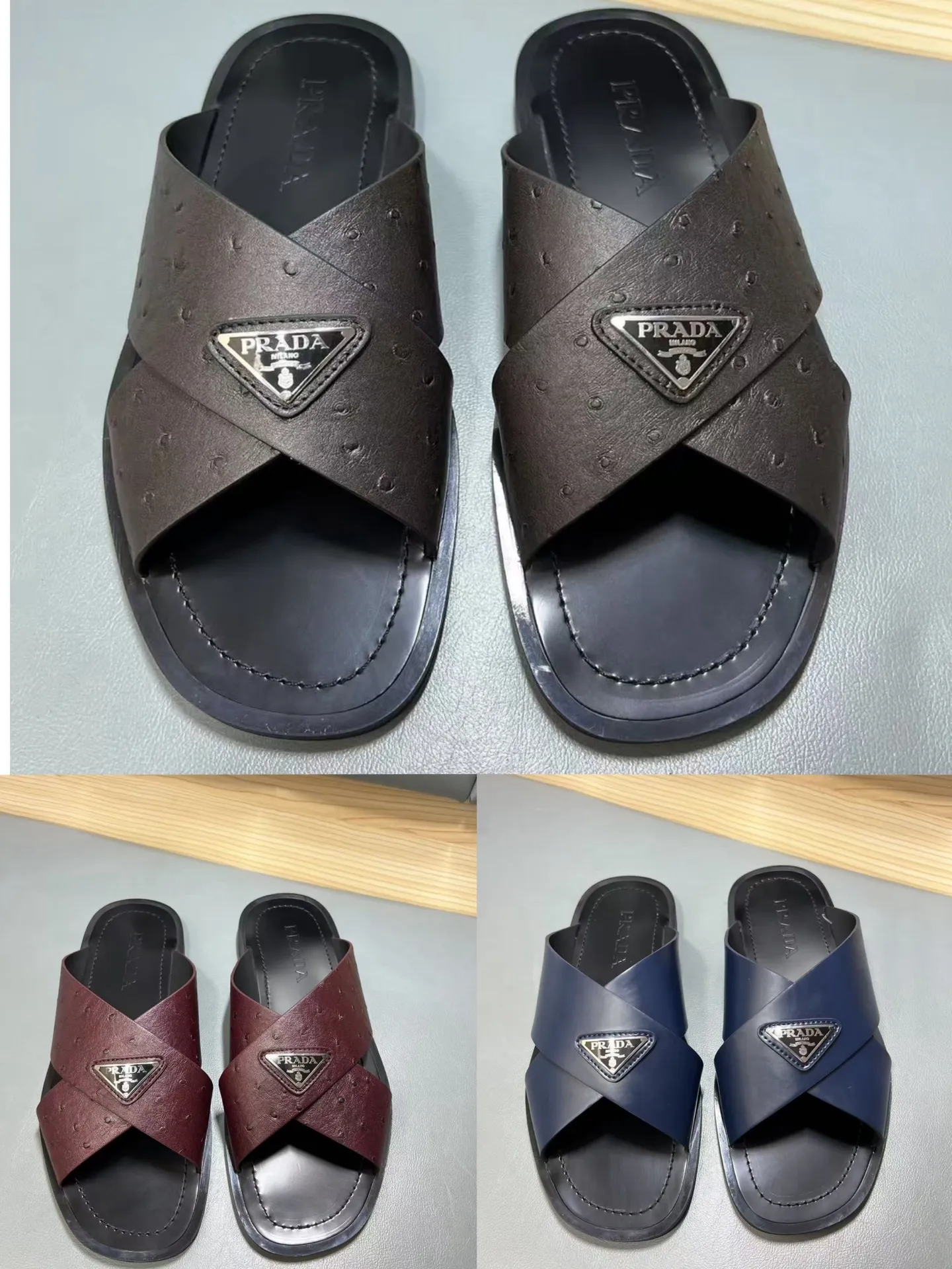 340💰PRADA Prada’s latest slippers are synchronized with the official website. This slipper is made of the brand’s unique and iconic Saffiano leather. The brand logo jumps out from the double straps, and the brand style is clearly visible. Cowhide gives men elegant charm and functional design, making it an ideal choice for vacation and leisure. Size:38-45